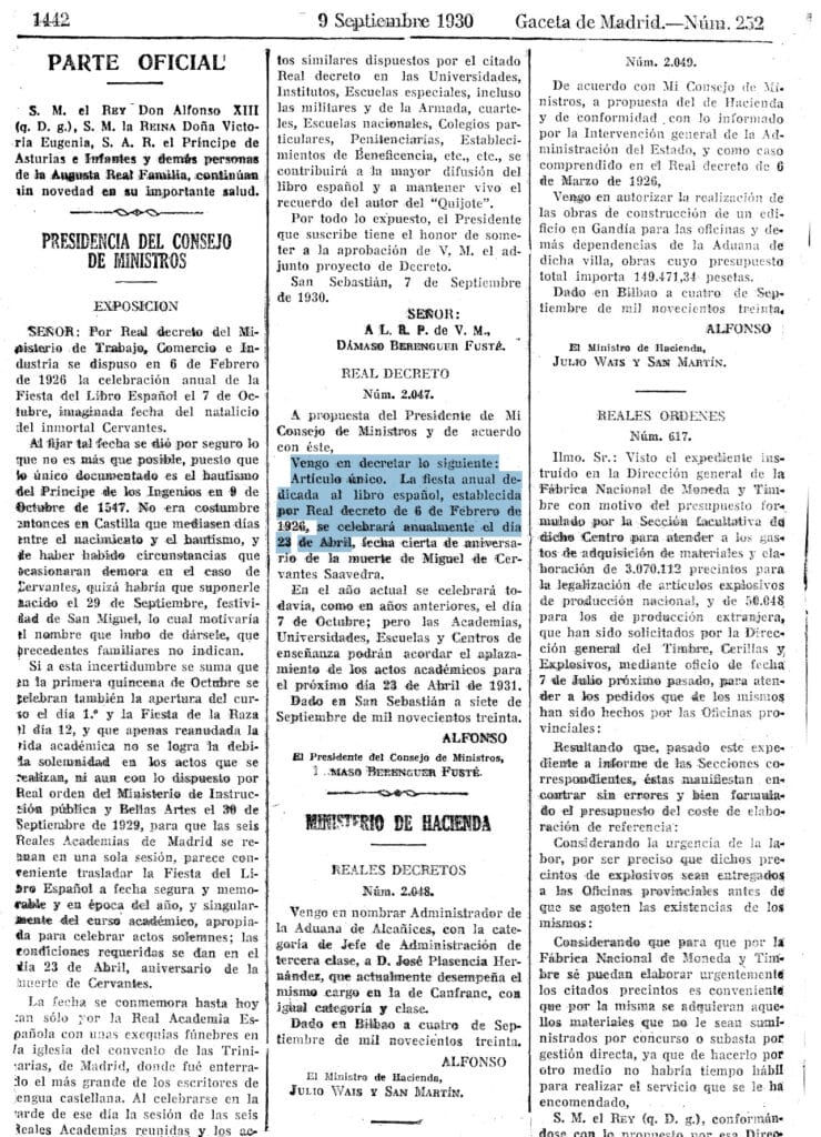 Captura del Reial Decret 2047 publicat a la Gaceta de Madrid núm. 252 de 1930 que trasllada el Día del Libro al 23 d'abril