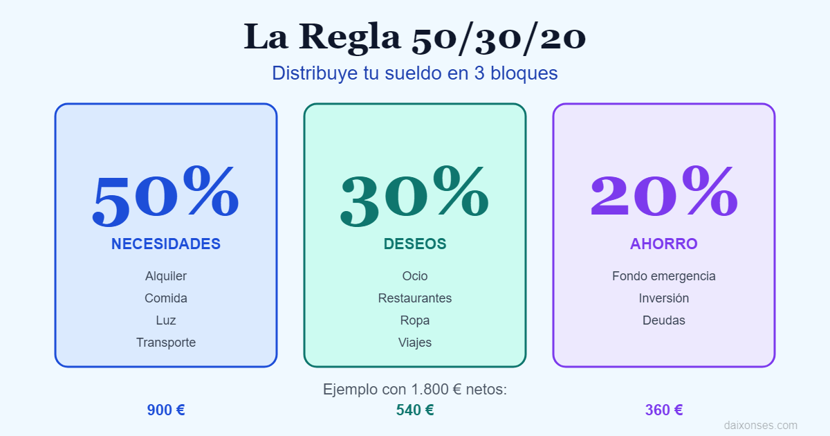 Infografía regla 50/30/20 para hacer un presupuesto personal con ejemplos en euros